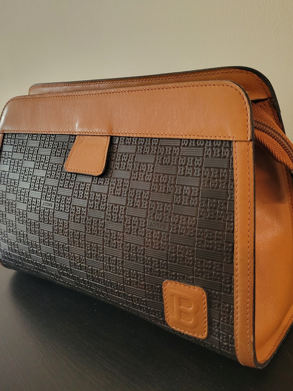 Bally Brown Embossed Logo Clutch with Tan Leather Trim